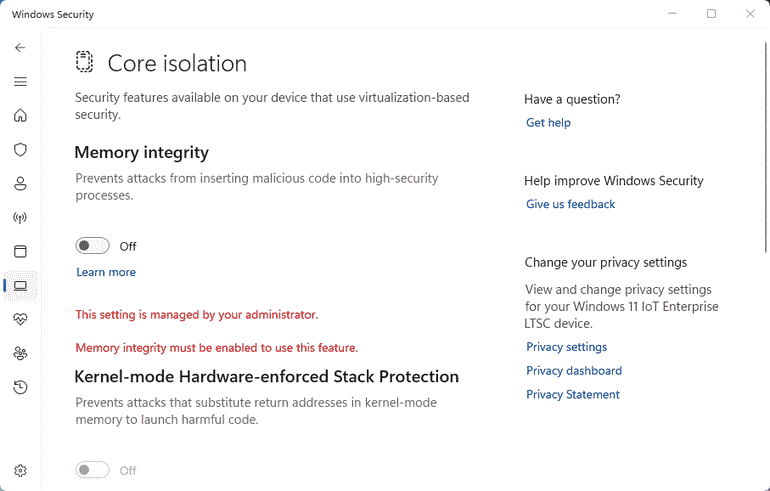 Windows Security Core Isolation setting window